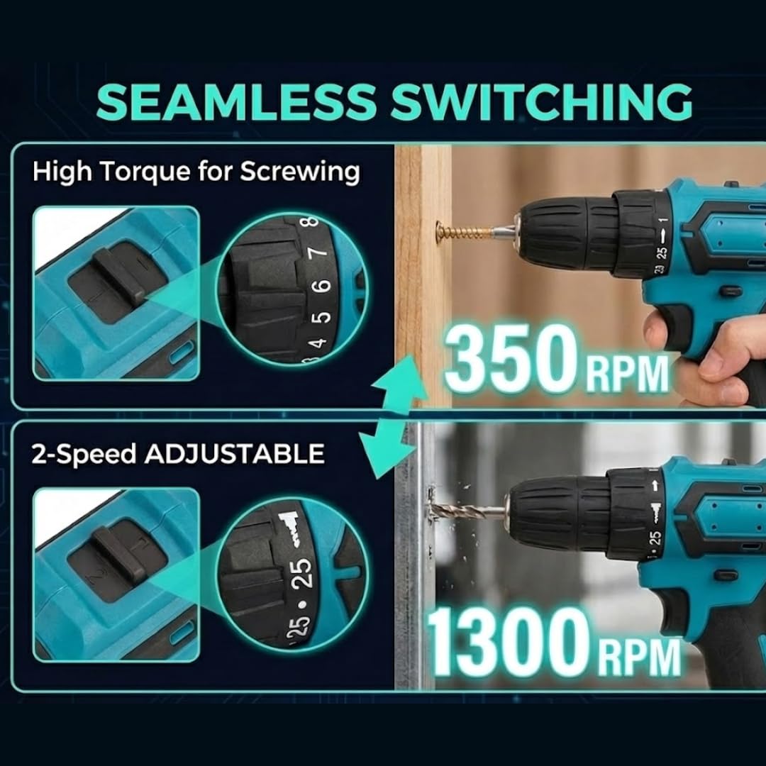 21V Cordless Drill Set with 2 Batteries and Charger O7395