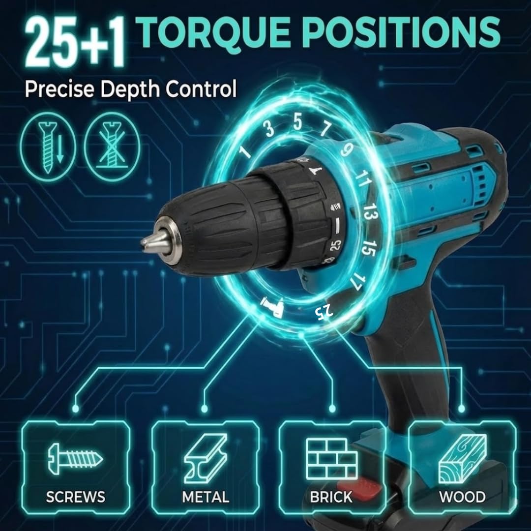 21V Cordless Drill Set with 2 Batteries and Charger O7395