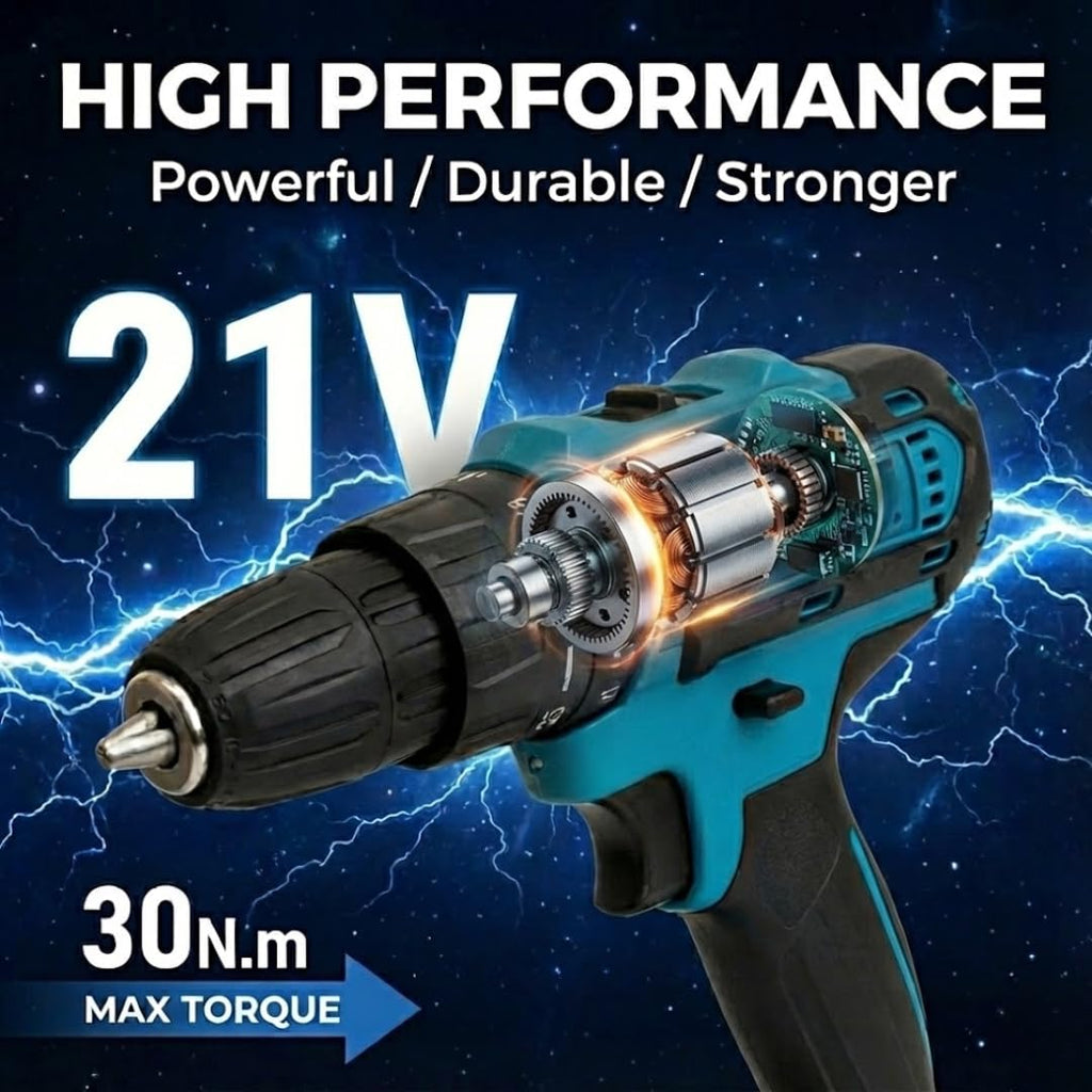 21V Cordless Drill Set with 2 Batteries and Charger O7395