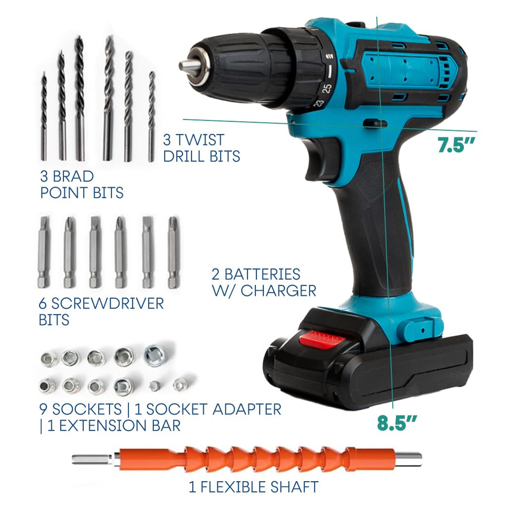 21V Cordless Drill Set with 2 Batteries and Charger O7395