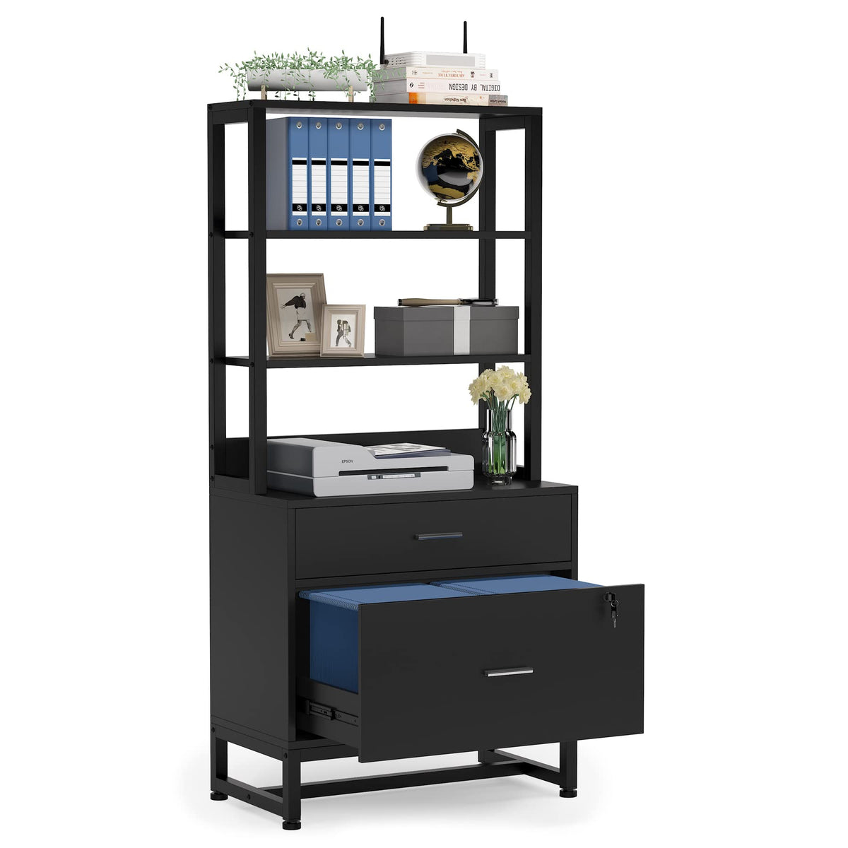 2 Drawer Vertical File Cabinet with Lock & Bookshelf Black C78587