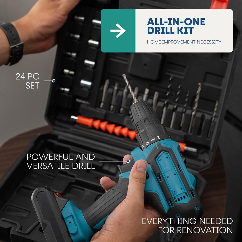 21V Cordless Drill Set with 2 Batteries and Charger O7395