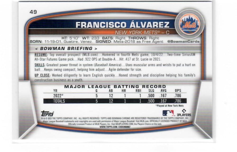 2023 Bowman Chrome Mega Box Mojo Refractor Red #49 Francisco Alvarez RC Baseball Card Y78341