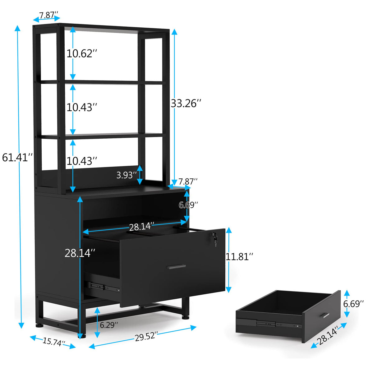 2 Drawer Vertical File Cabinet with Lock & Bookshelf Black C78587
