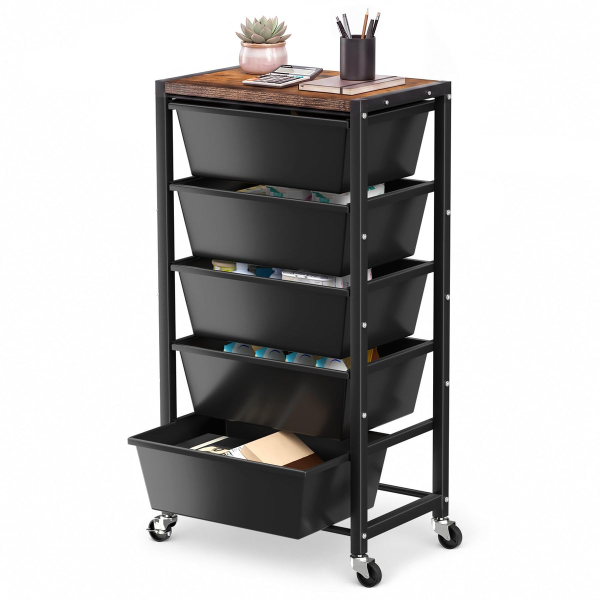 Black 5 Drawer Rolling Storage Cart with Wooden Tabletop D976