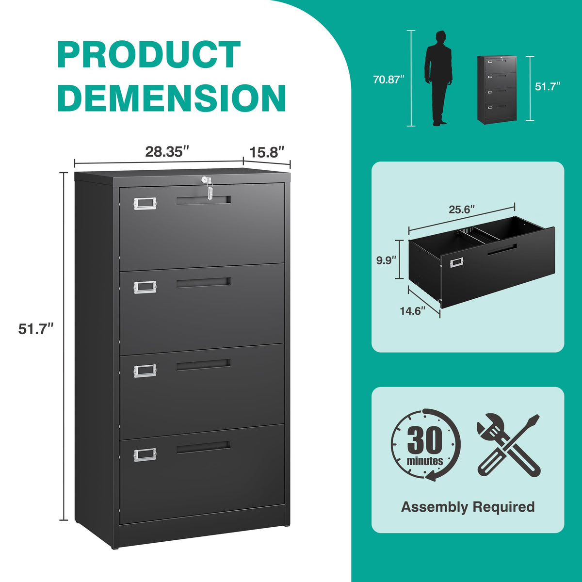 Black 4 Drawer Metal Lateral File Cabinet with Lock N22249