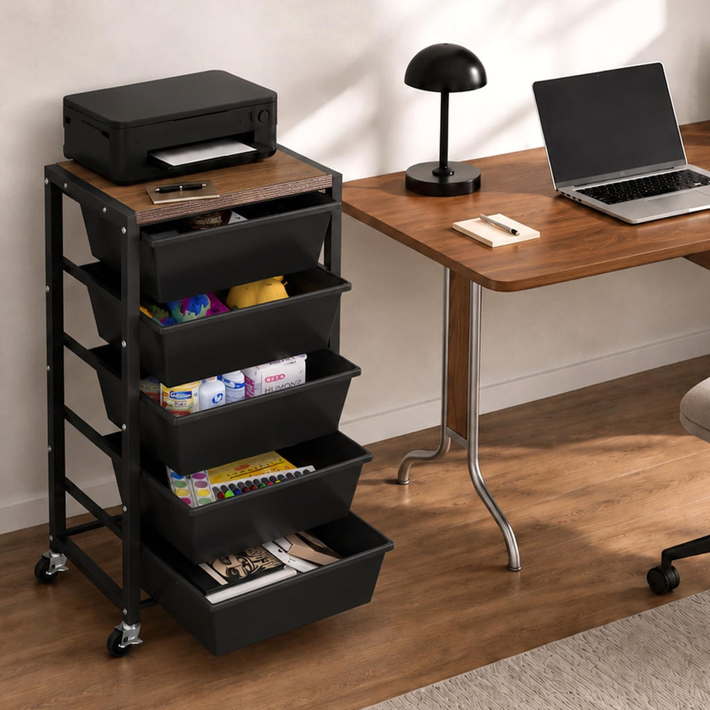 Black 5 Drawer Rolling Storage Cart with Wooden Tabletop D976