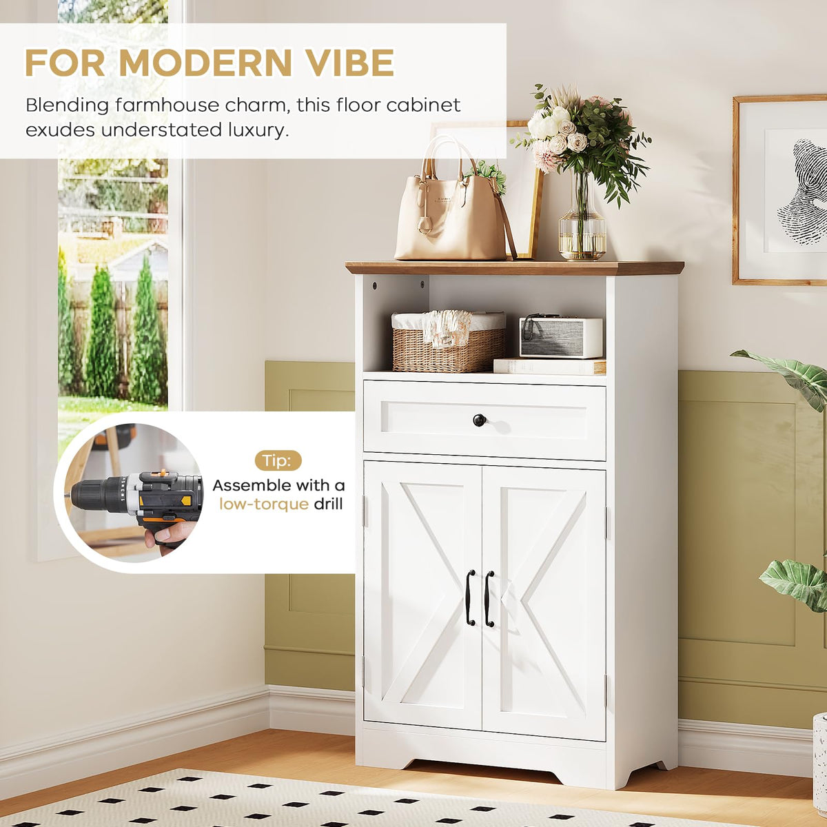 White Storage Cabinet with Barn Doors and Drawers P63370