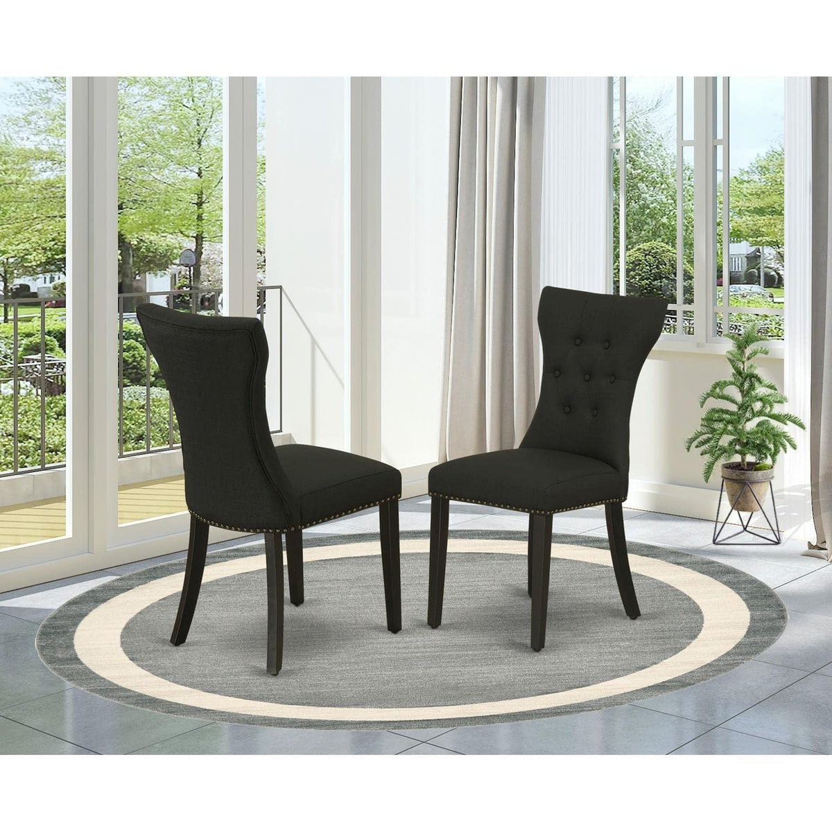 Black Linen Fabric Upholstered Dining Chairs Set of 2 E1541