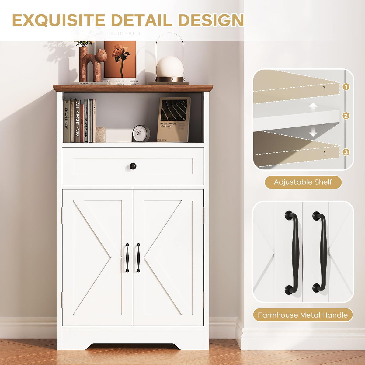 White Storage Cabinet with Barn Doors and Drawers P63370