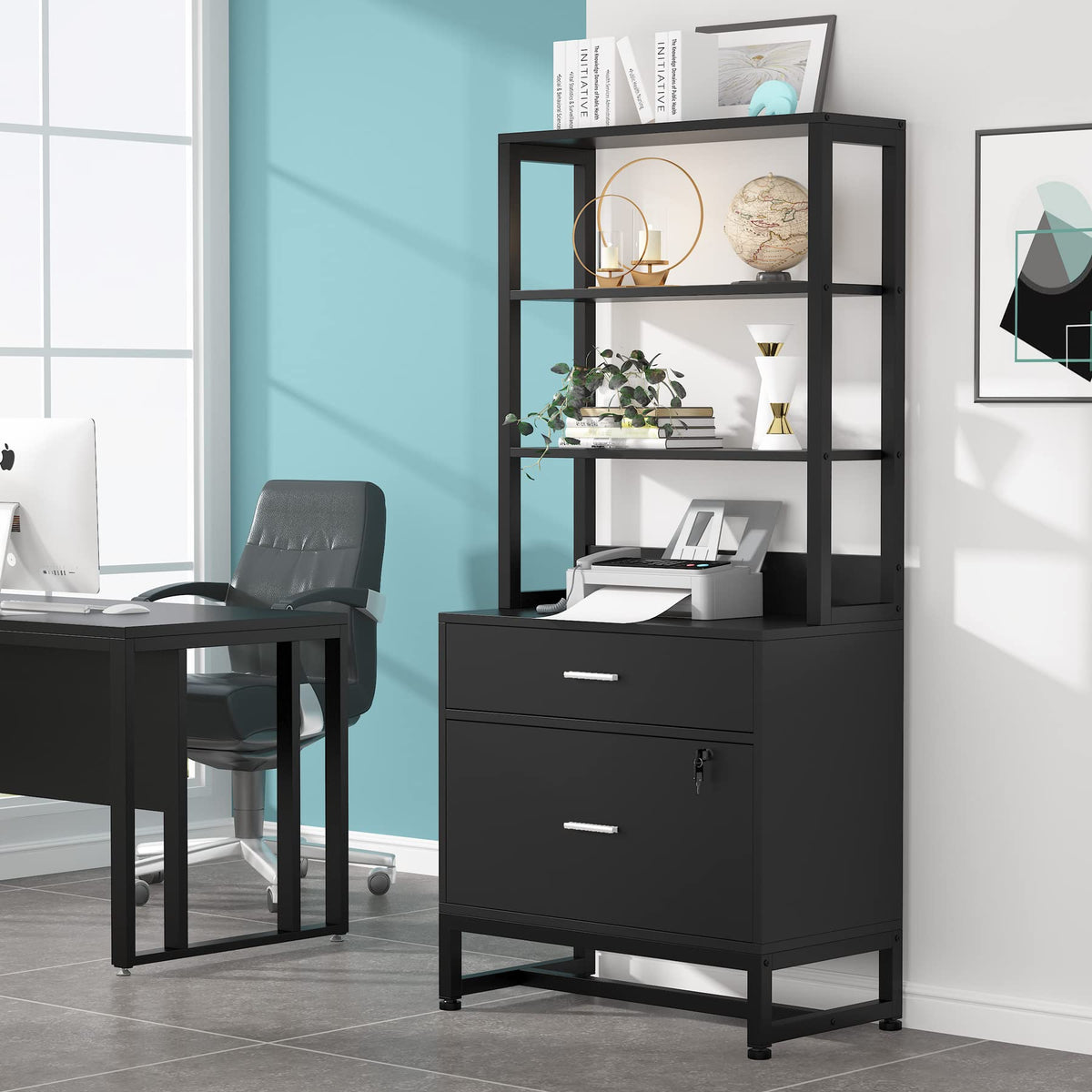 2 Drawer Vertical File Cabinet with Lock & Bookshelf Black C78587