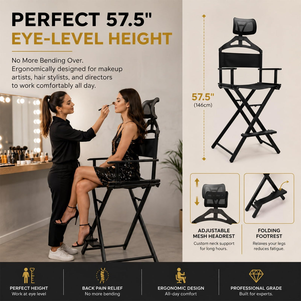 Gold Extra Tall Foldable Makeup Chair D826