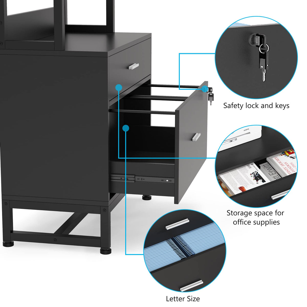 2 Drawer Vertical File Cabinet with Lock & Bookshelf Black C78587