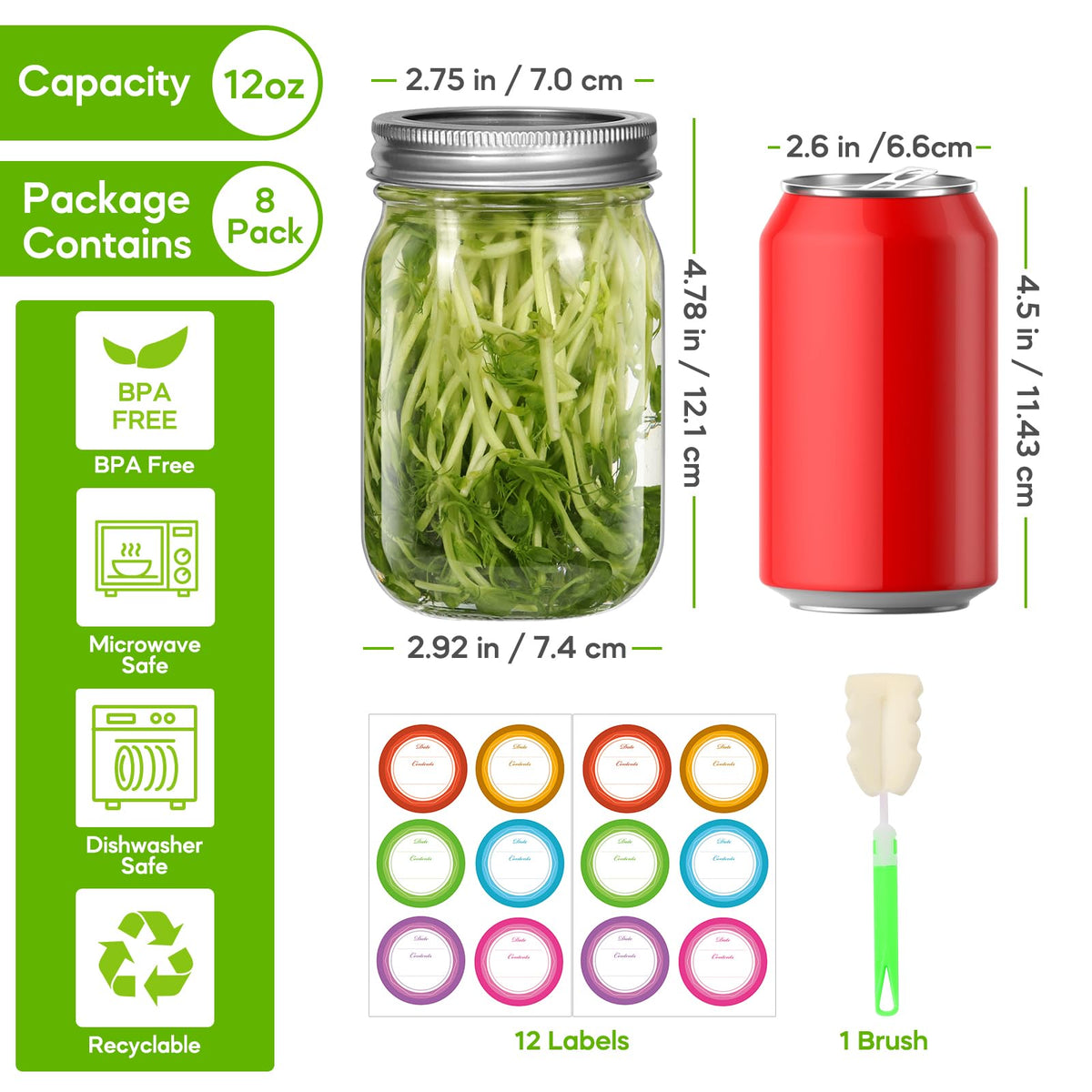 12 oz 8 Pack Regular Mouth Glass Mason Jars with Airtight Lids D347