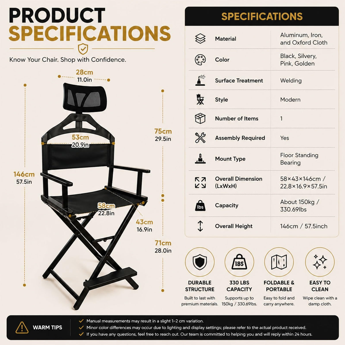 Gold Extra Tall Foldable Makeup Chair D826