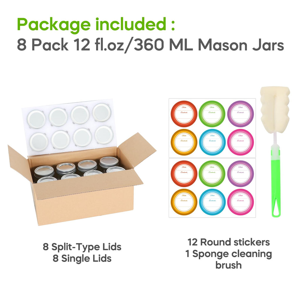 12 oz 8 Pack Regular Mouth Glass Mason Jars with Airtight Lids D347
