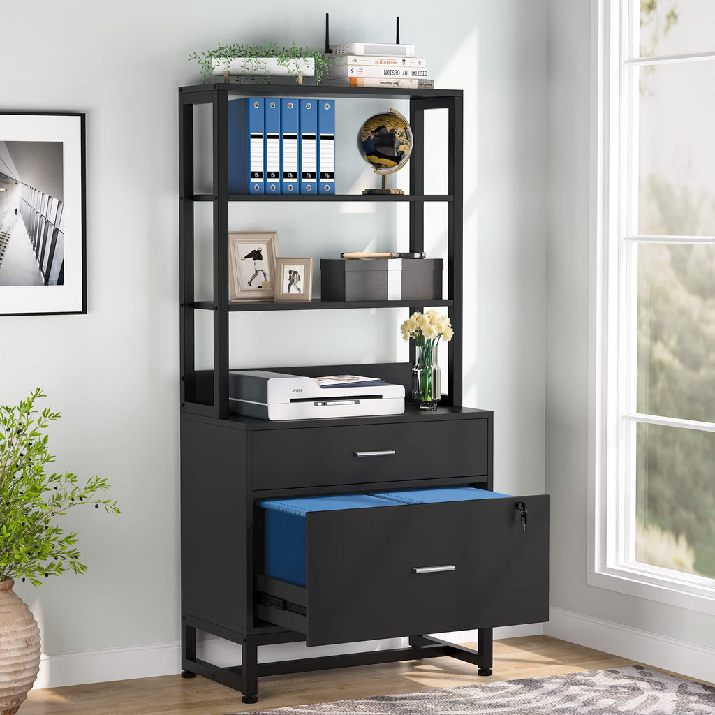 2 Drawer Vertical File Cabinet with Lock & Bookshelf Black C78587