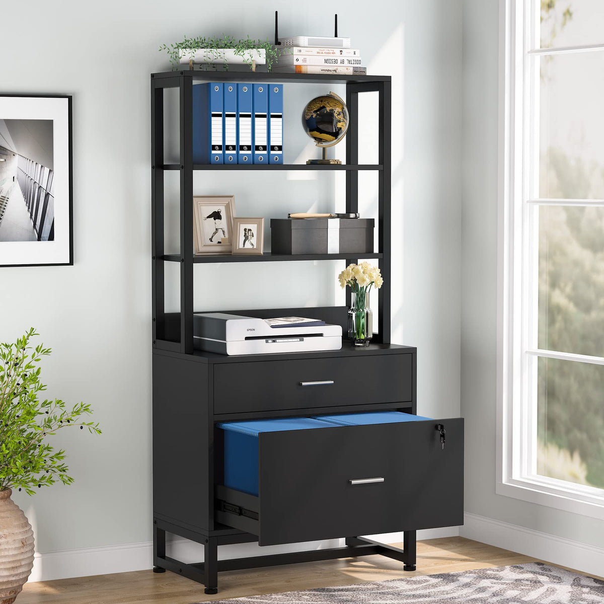 2 Drawer Vertical File Cabinet with Lock & Bookshelf Black C78587