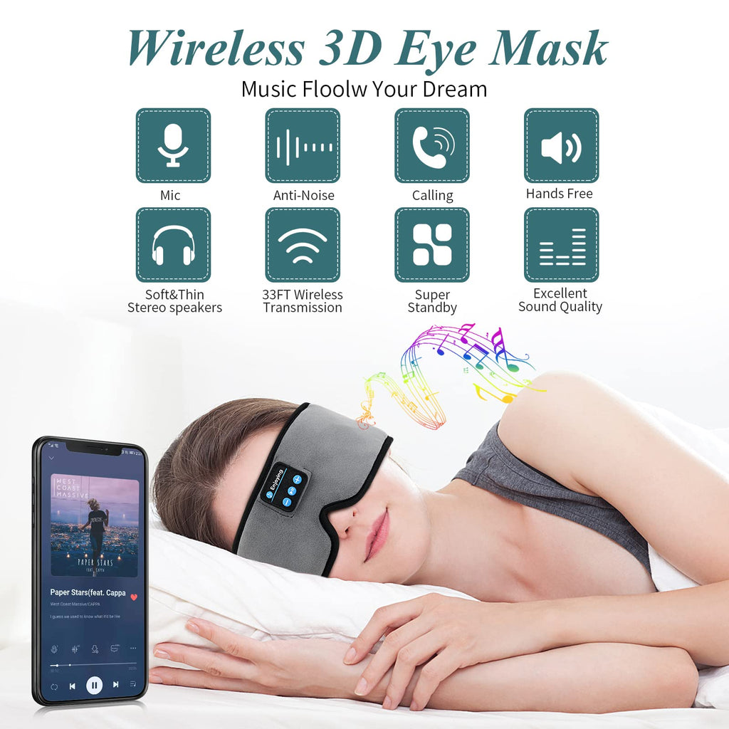 Wireless 3D Eye Mask Sleep Headphones Grey I900