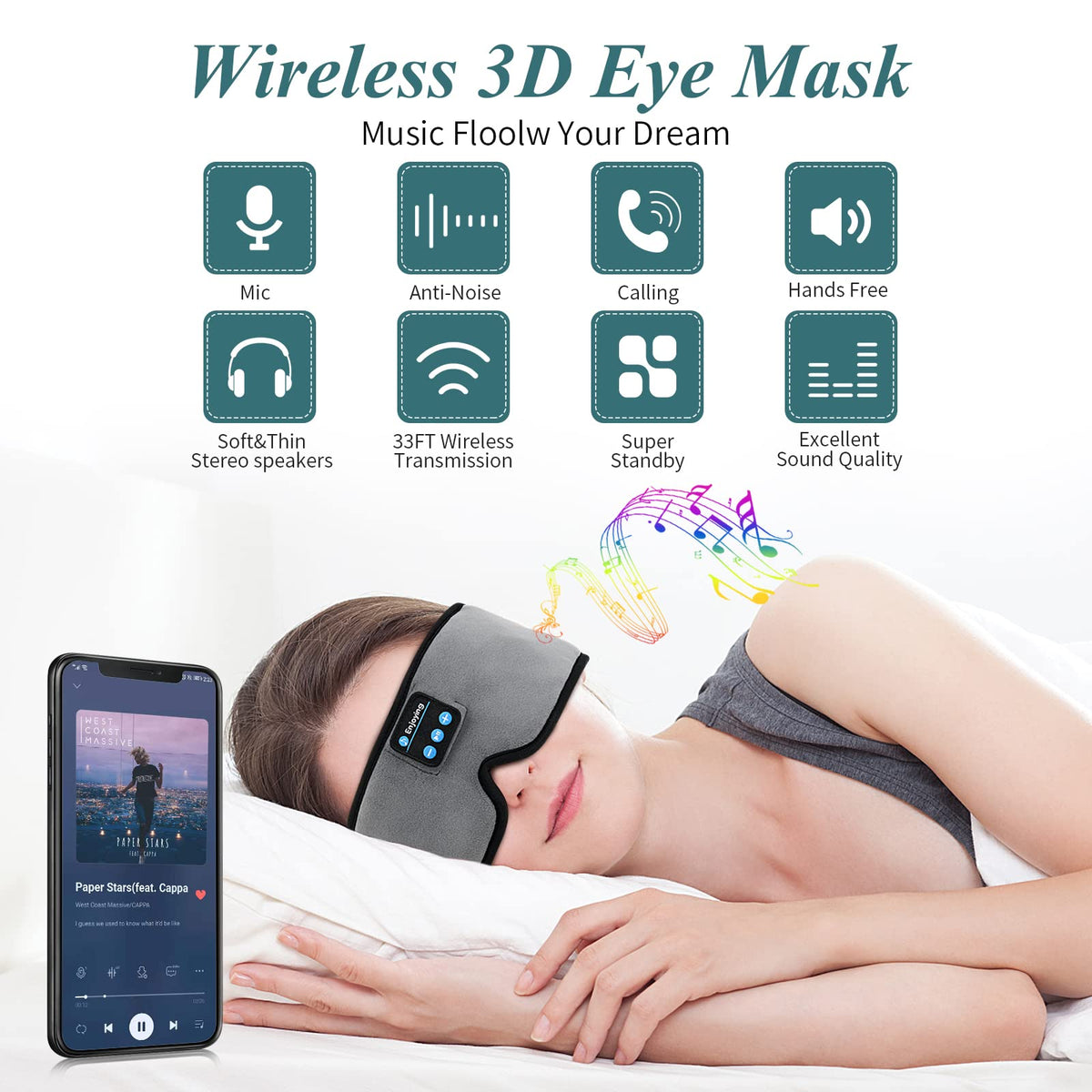 Wireless 3D Eye Mask Sleep Headphones Grey I900