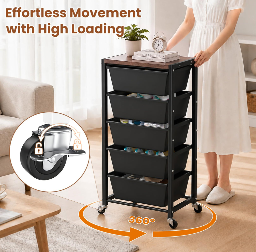 Black 5 Drawer Rolling Storage Cart with Wooden Tabletop D976