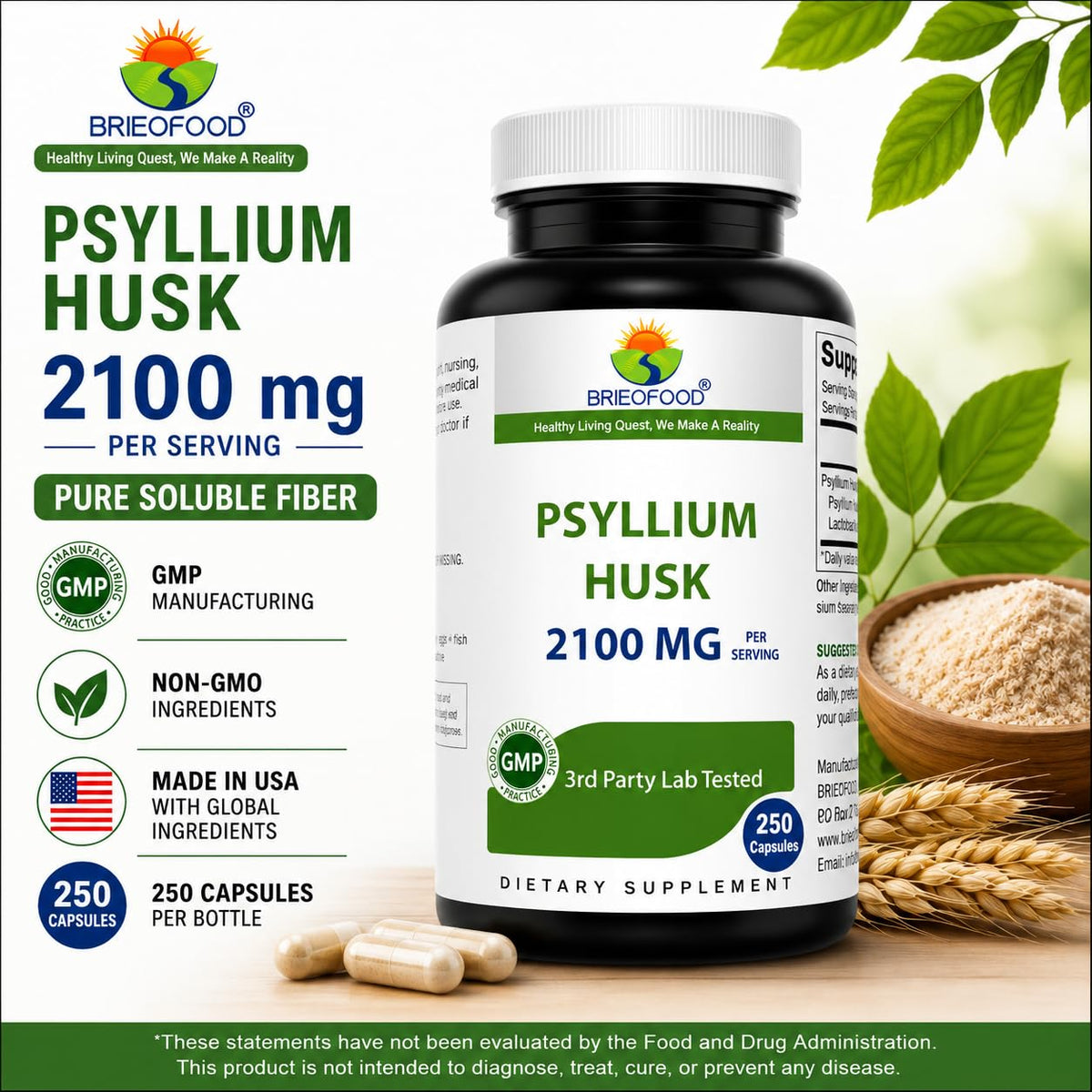 Psyllium Husk Fiber Supplement 250 Capsules Y655
