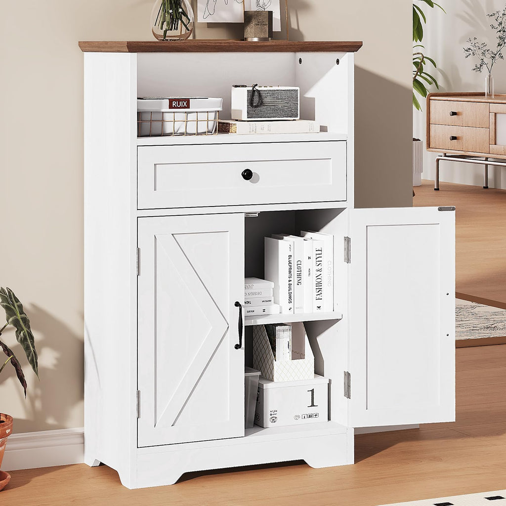 White Storage Cabinet with Barn Doors and Drawers P63370