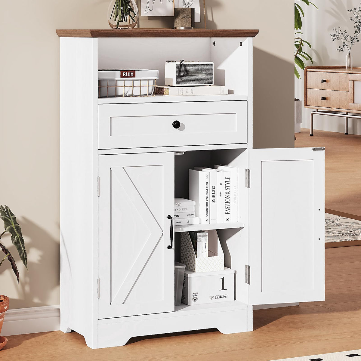 White Storage Cabinet with Barn Doors and Drawers P63370