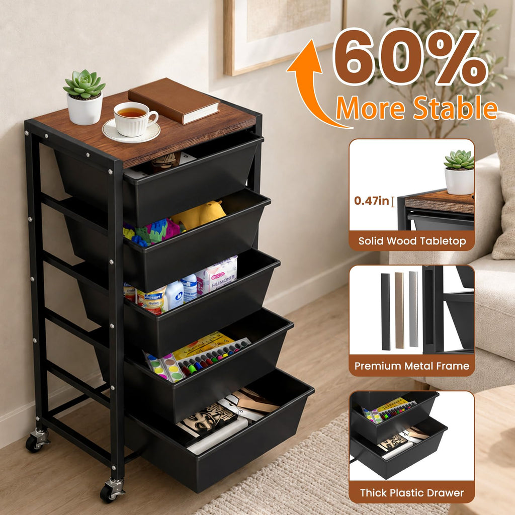 Black 5 Drawer Rolling Storage Cart with Wooden Tabletop D976