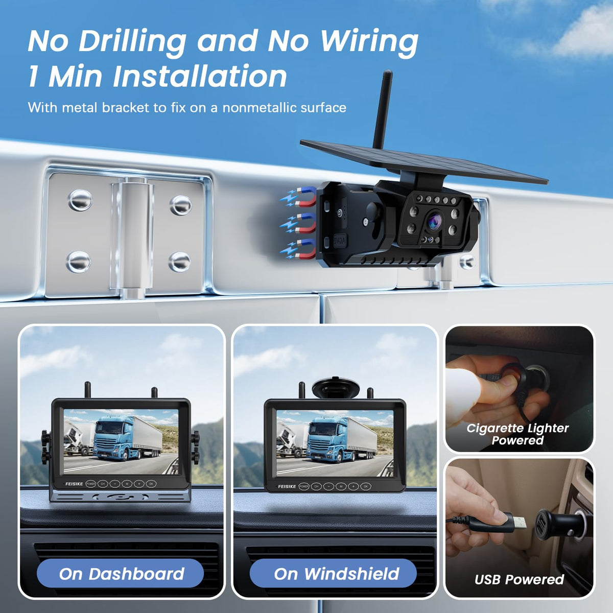 Magnetic Solar Wireless Backup Camera with 7" 1080P Monitor A39785