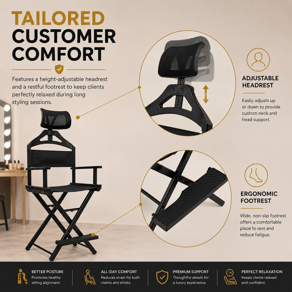 Gold Extra Tall Foldable Makeup Chair D826