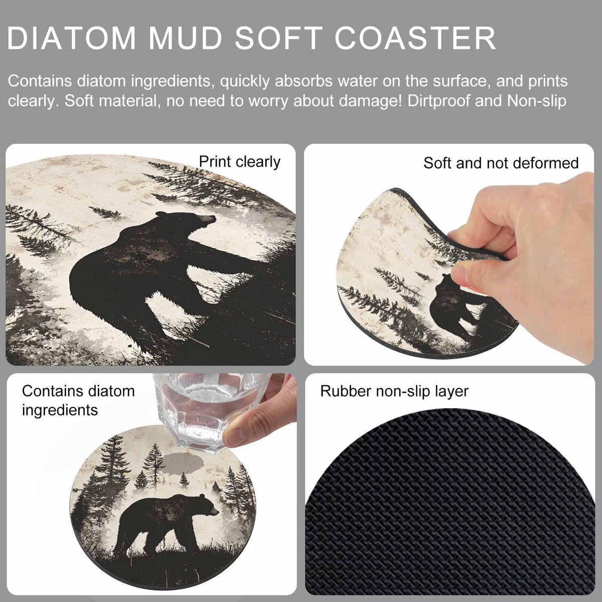 Black Beige Bear Absorbent Coasters Set of 6 P257
