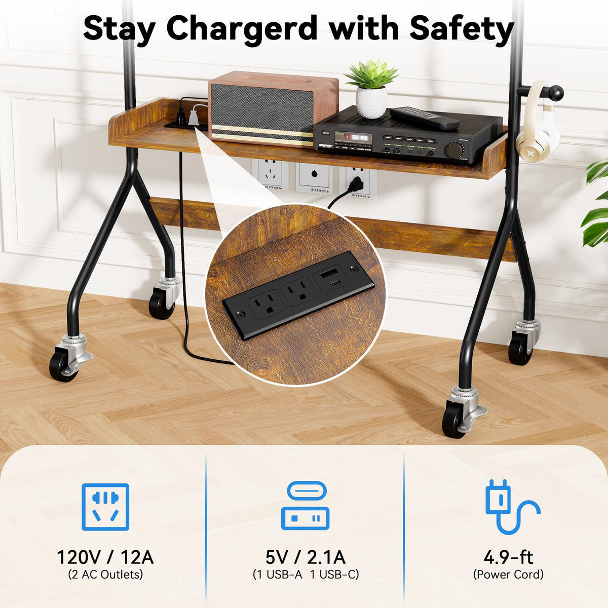 Rolling TV Stand with Power Outlet for 32-75 Inch TV T571