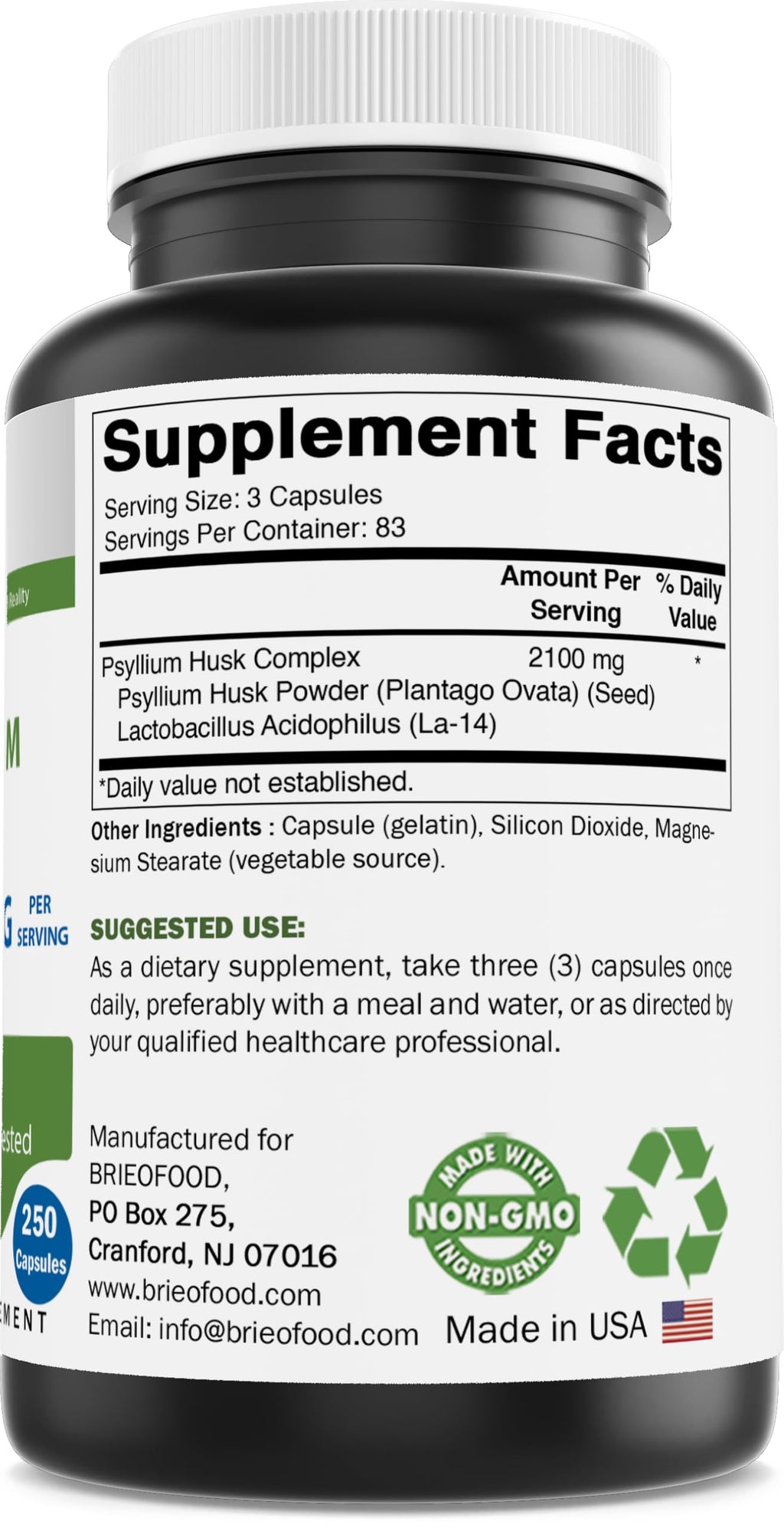 Psyllium Husk Fiber Supplement 250 Capsules Y655