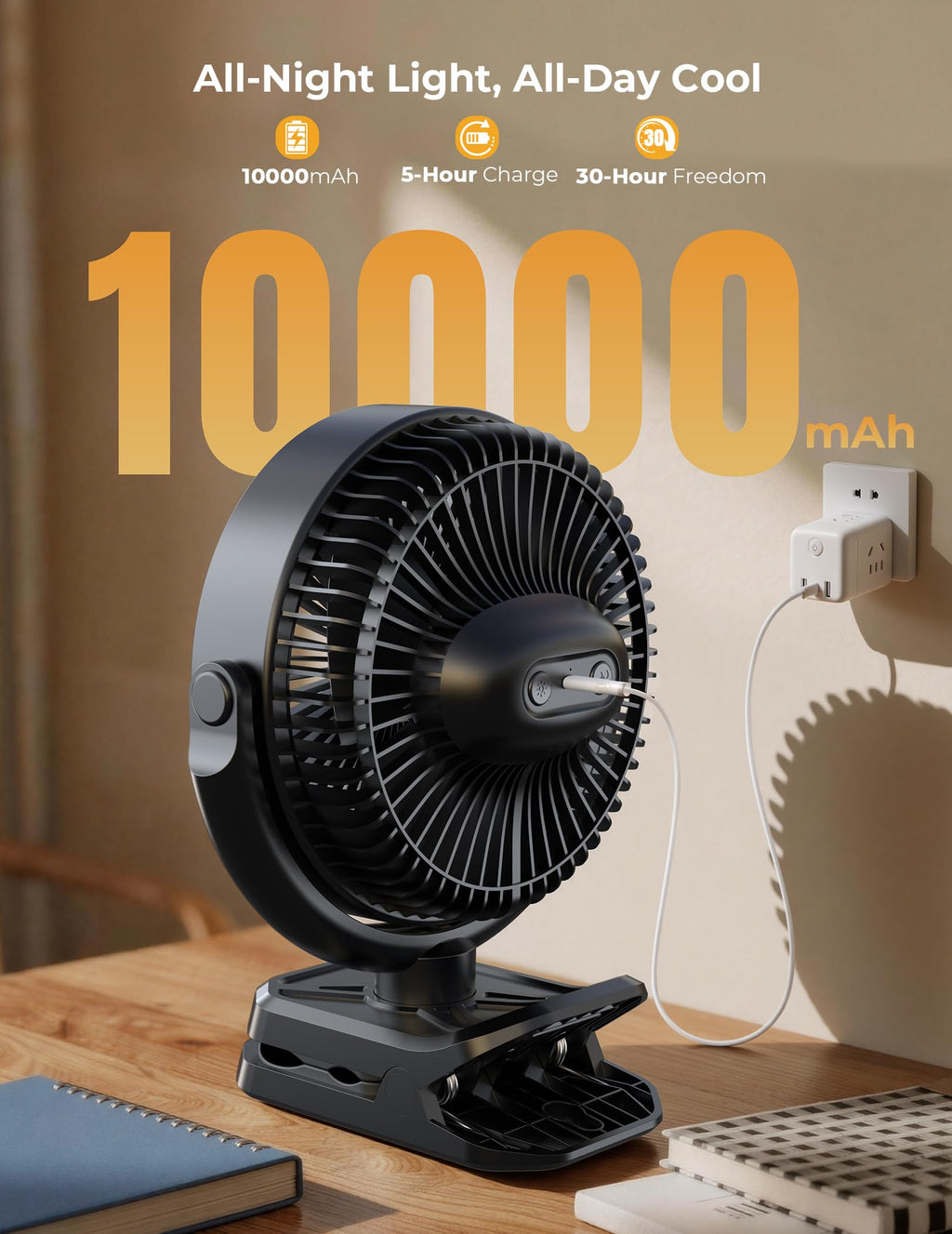 10000mAh Rechargeable 8 Inch Clip on Fan Black F524757