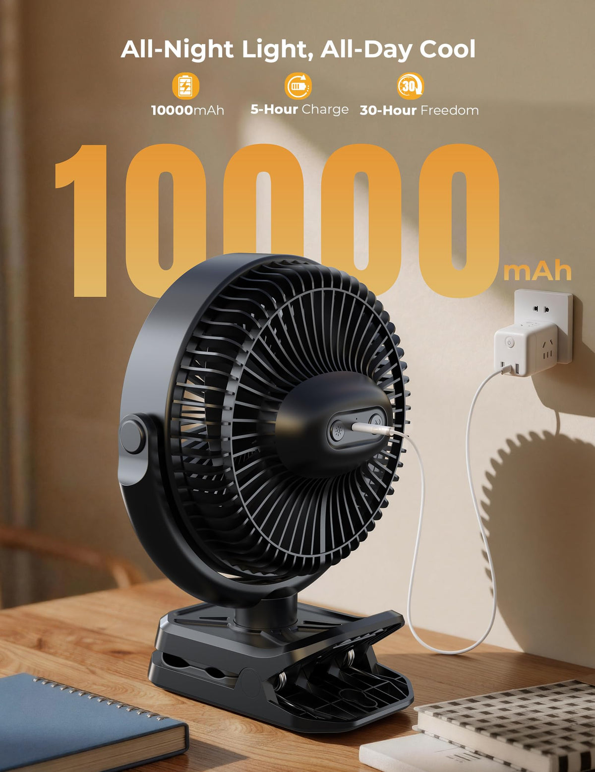 10000mAh Rechargeable 8 Inch Clip on Fan Black F524757