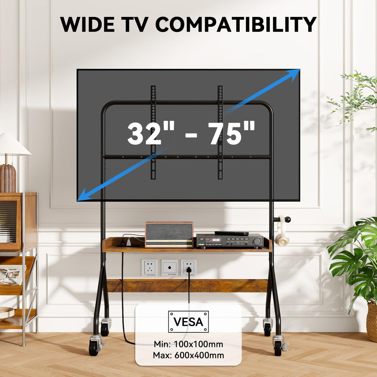 Rolling TV Stand with Power Outlet for 32-75 Inch TV T571