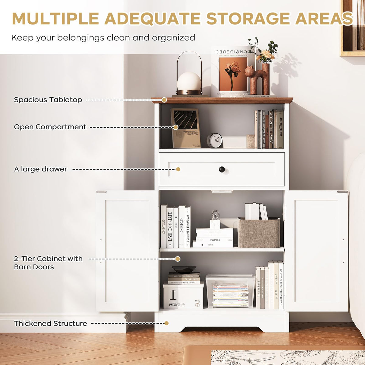 White Storage Cabinet with Barn Doors and Drawers P63370