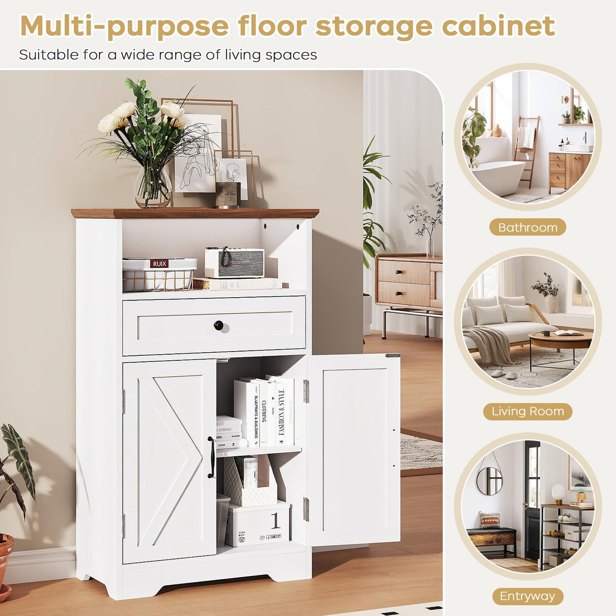 White Storage Cabinet with Barn Doors and Drawers P63370