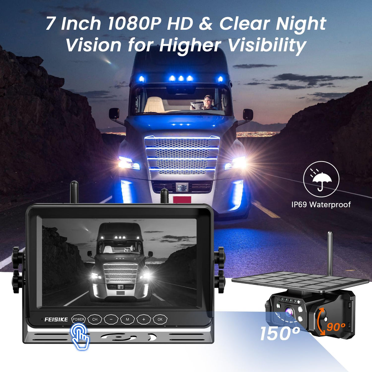 Magnetic Solar Wireless Backup Camera with 7" 1080P Monitor A39785
