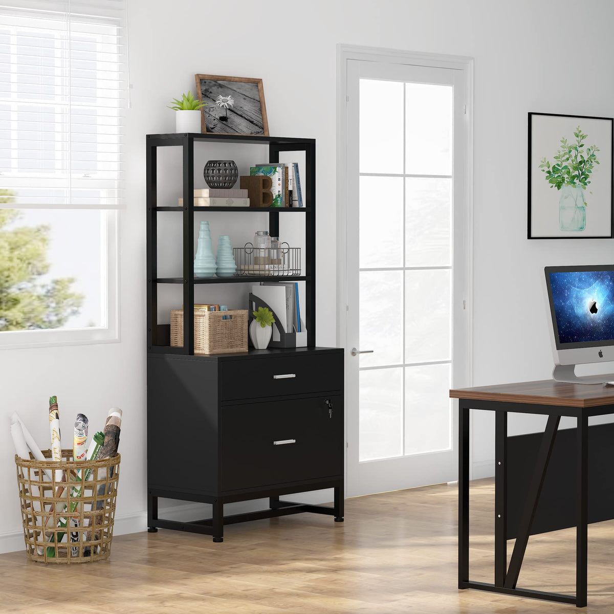 2 Drawer Vertical File Cabinet with Lock & Bookshelf Black C78587