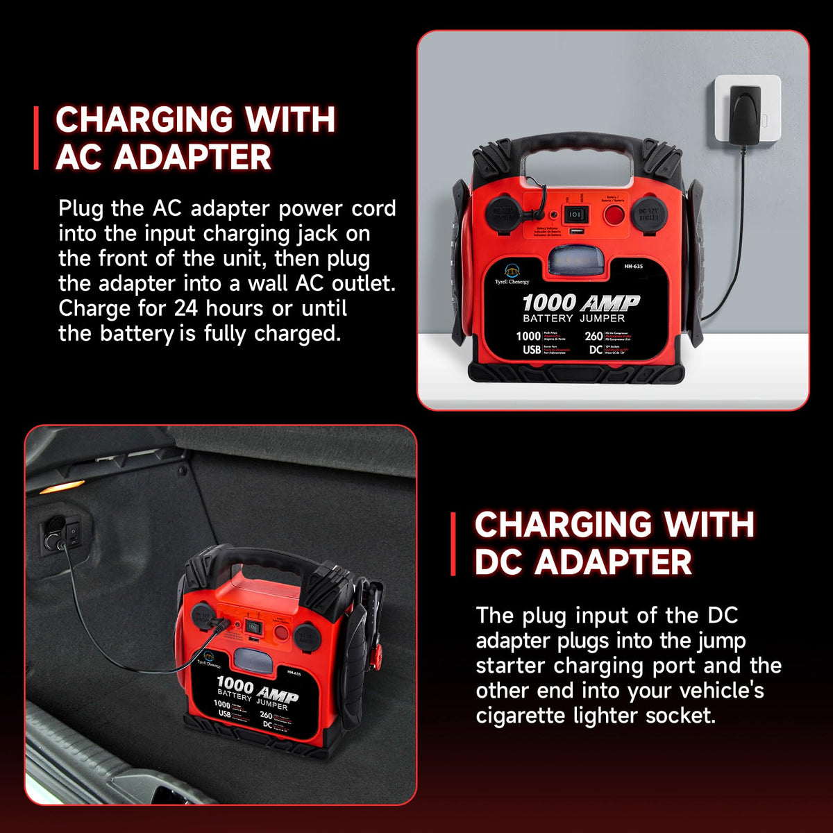 Portable Car Battery Jump Starter with Air Compressor 260PSI 1000Amp T523