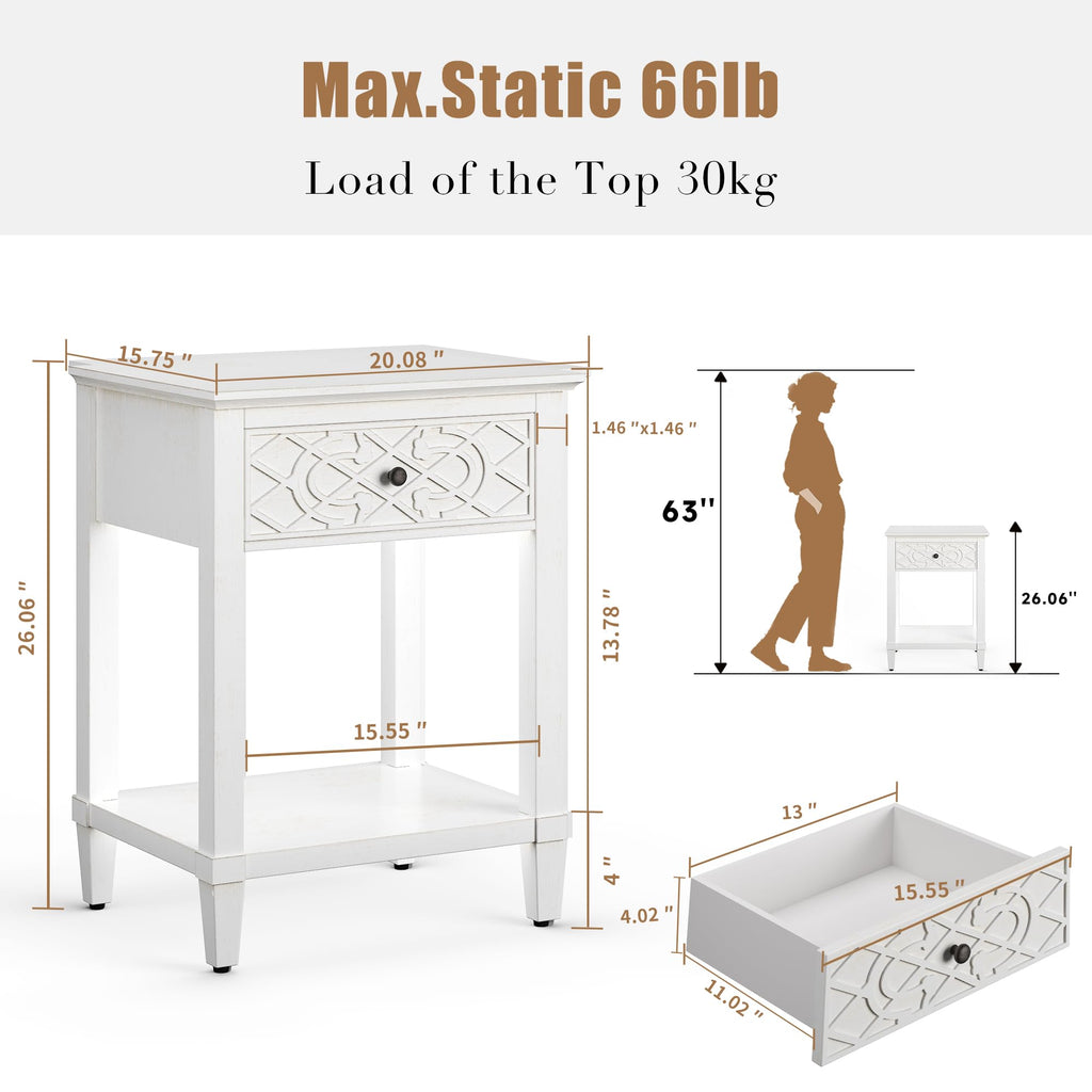 26" Solid Wood Nightstand with Drawers B3955