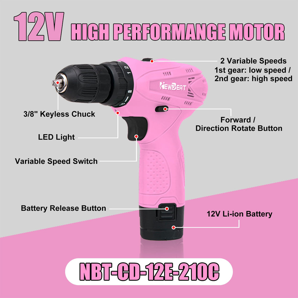 Pink 12V Cordless Drill Set with Battery and Charger J869392