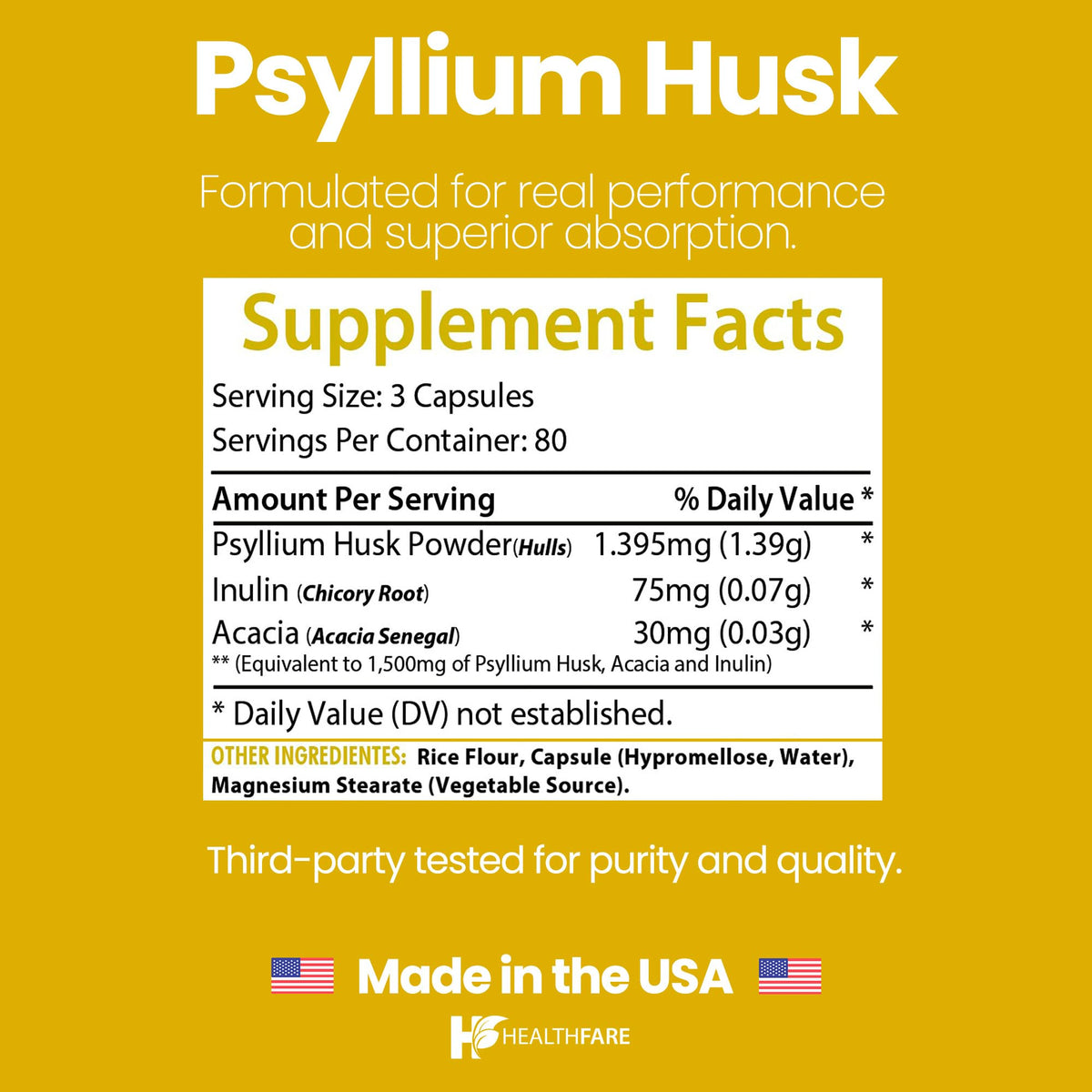 1500mg 240 Vegan Capsules Psyllium Husk Fiber Supplement H847