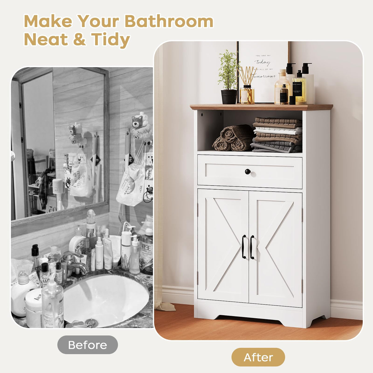 White Storage Cabinet with Barn Doors and Drawers P63370