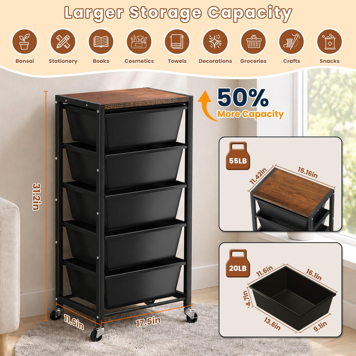 Black 5 Drawer Rolling Storage Cart with Wooden Tabletop D976