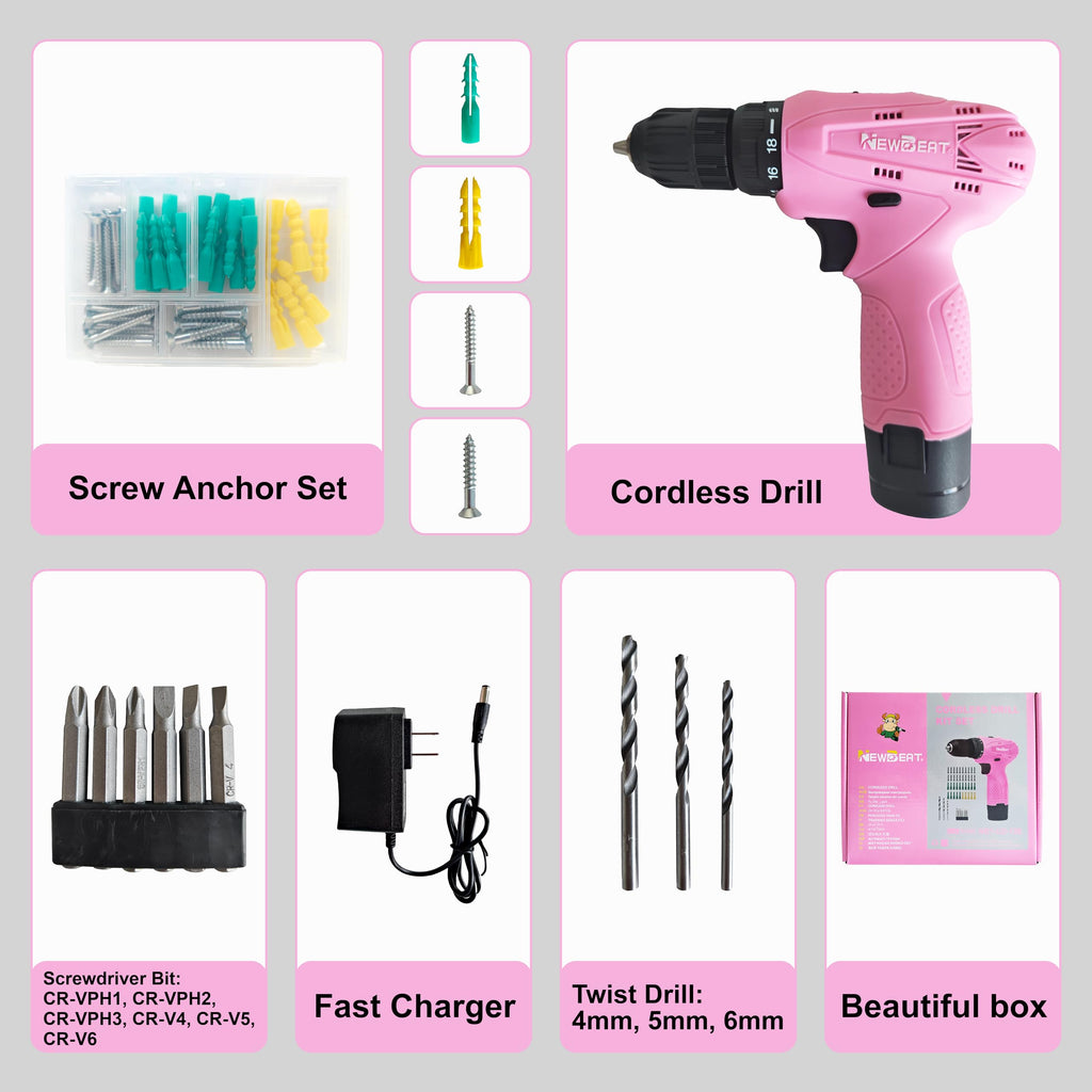 Pink 12V Cordless Drill Set with Battery and Charger J869392