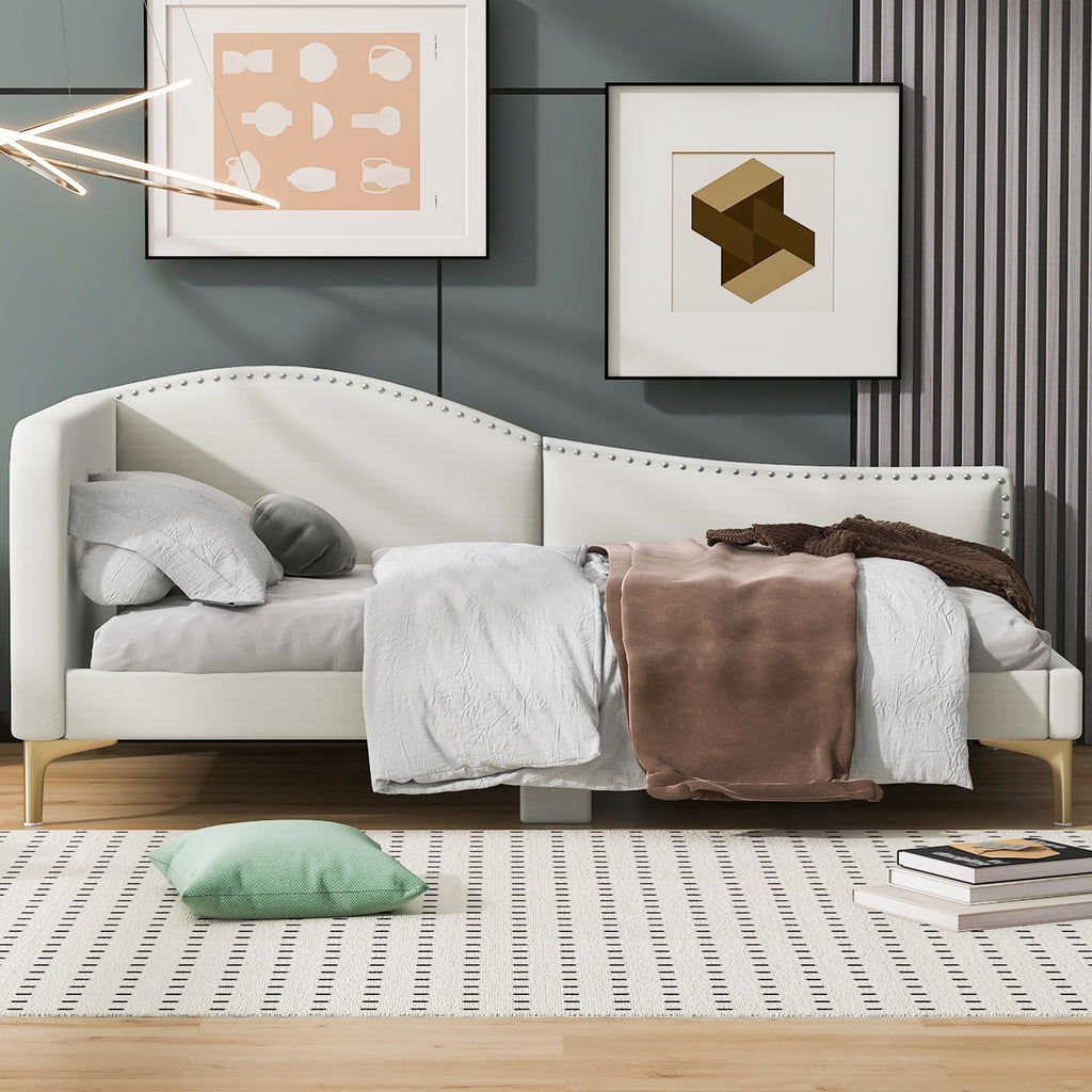 Twin Size Beige Linen Upholstered Daybed with Headboard A753847