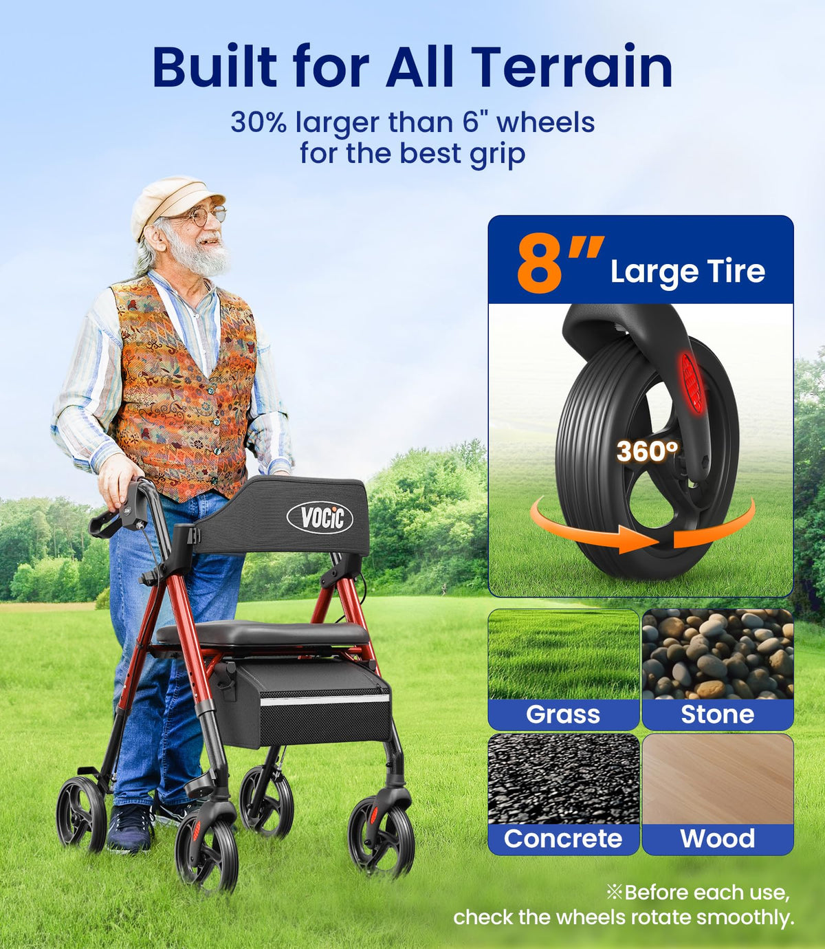 Rollator Walker with Seat, 8" All Terrain M2529